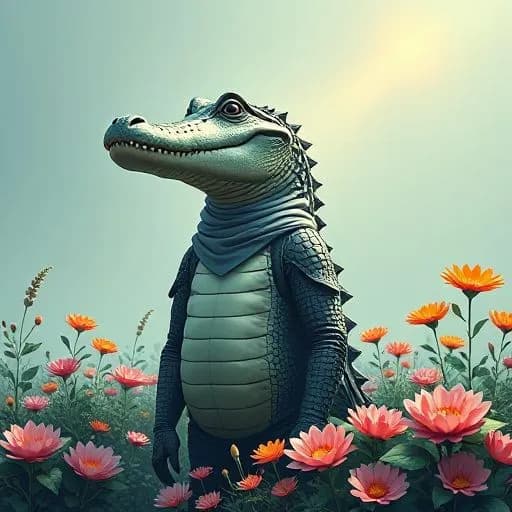 The image shows an animated alligator standing in a field of flowers, with a blue sky in the background. The alligator is surrounded by lush green plants and vibrant flowers, creating a beautiful and animated scene.